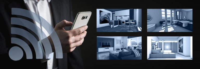 Een moderne wifi-router op een plank in een woonkamer